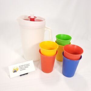 Vintage Tupperware 1 Qt Pitcher #874 w/ 6 Cups 7 oz #109 White Yellow Red Blue